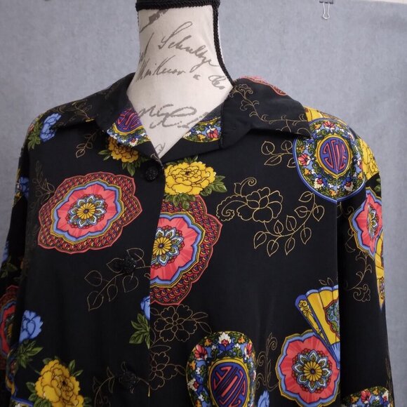 Vintage Women’s Asian Print Multicolor Long Sleeve Statement Blouse | Sz L - Picture 2 of 8